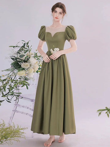 Round Neck Green Tea Length Prom Dresses, Green Round Neck Tea Length Formal Evening Dresses