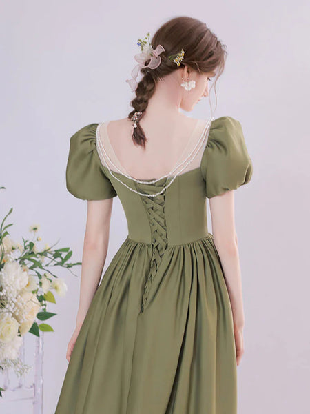 Round Neck Green Tea Length Prom Dresses, Green Round Neck Tea Length Formal Evening Dresses