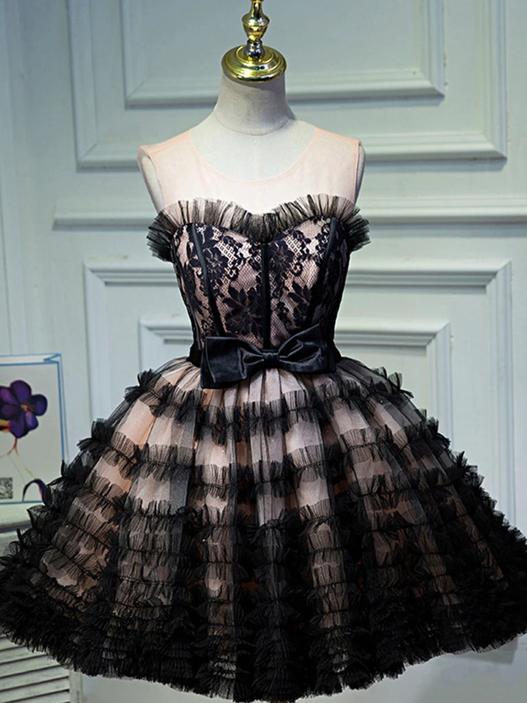 Round Neck Short Black Lace Prom Dresses, Cute Short Lace Formal Gradu –  jbydress