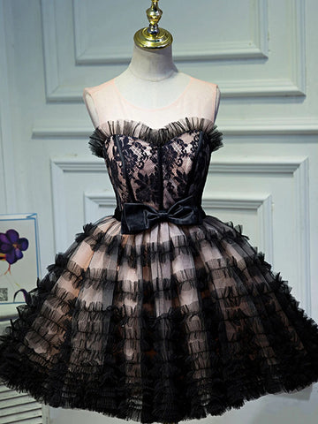 Round Neck Short Black Lace Prom Dresses, Cute Short Lace Formal Graduation Dresses