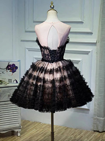 Round Neck Short Black Lace Prom Dresses, Cute Short Lace Formal Graduation Dresses