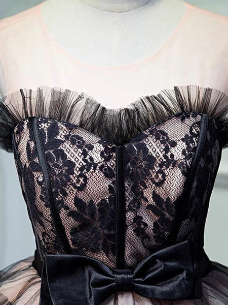 Round Neck Short Black Lace Prom Dresses, Cute Short Lace Formal Graduation Dresses