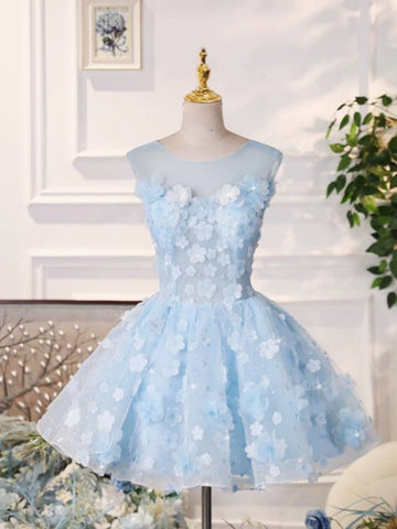 Round Neck Short Blue Floral Prom Dresses, Short Light Blue Floral Formal Homecoming Dresses