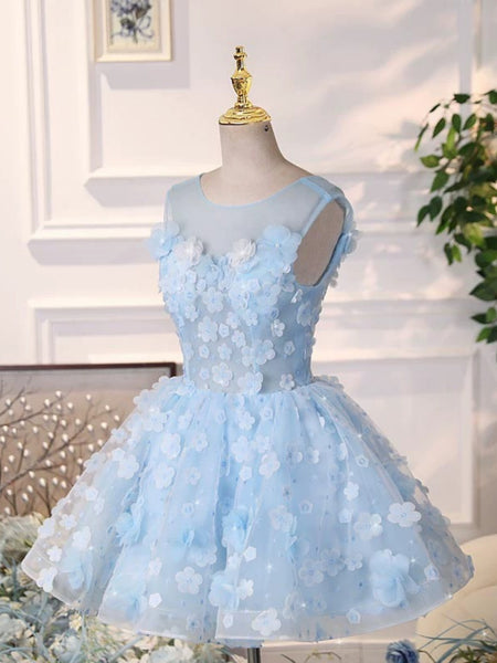 Round Neck Short Blue Floral Prom Dresses, Short Light Blue Floral Formal Homecoming Dresses