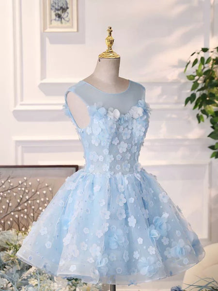 Round Neck Short Blue Floral Prom Dresses, Short Light Blue Floral Formal Homecoming Dresses