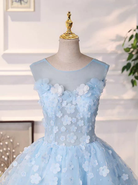 Round Neck Short Blue Floral Prom Dresses, Short Light Blue Floral Formal Homecoming Dresses