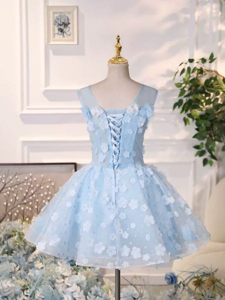 Round Neck Short Blue Floral Prom Dresses, Short Light Blue Floral Formal Homecoming Dresses