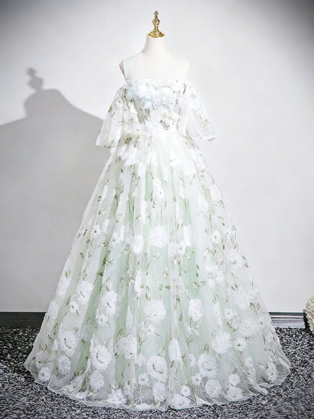 Round Neck Short Sleeves Green Floral Long Prom Dresses, Green Floral Long Formal Evening Dresses