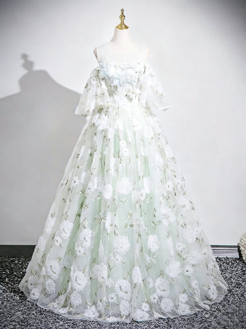 Round Neck Short Sleeves Green Floral Long Prom Dresses, Green Floral Long Formal Evening Dresses