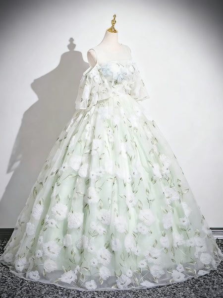 Round Neck Short Sleeves Green Floral Long Prom Dresses, Green Floral Long Formal Evening Dresses