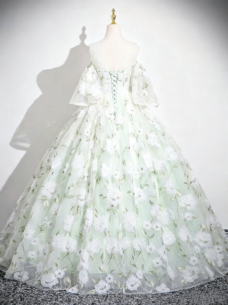 Round Neck Short Sleeves Green Floral Long Prom Dresses, Green Floral Long Formal Evening Dresses