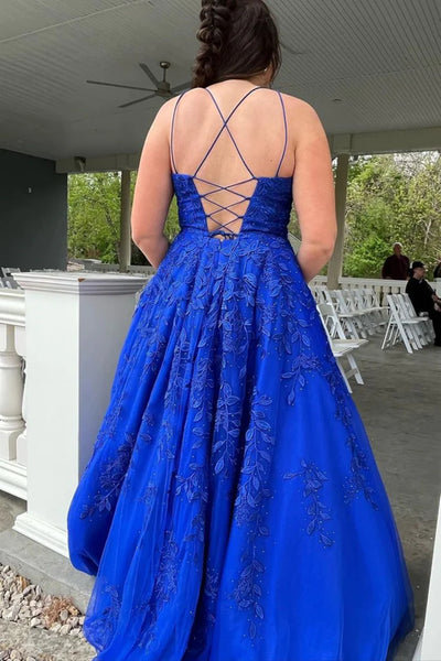 Royal Blue Backless Lace Prom Dresses, Open Back Royal Blue Lace Formal Evening Dresses