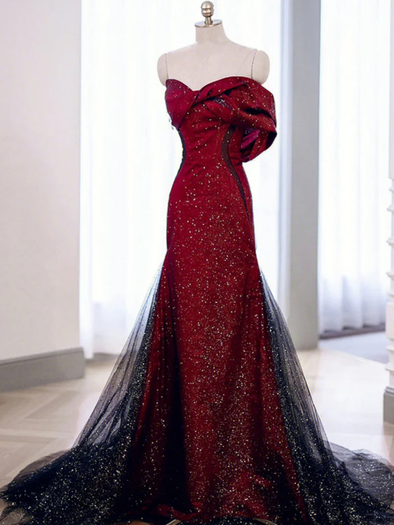 Shiny Black Red Mermaid Long Prom Dresses, Black Red Long Mermaid Formal Evening Dresses