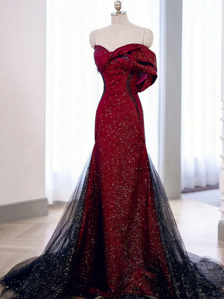 Shiny Black Red Mermaid Long Prom Dresses, Black Red Long Mermaid Formal Evening Dresses