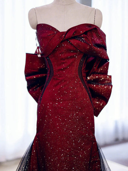 Shiny Black Red Mermaid Long Prom Dresses, Black Red Long Mermaid Formal Evening Dresses