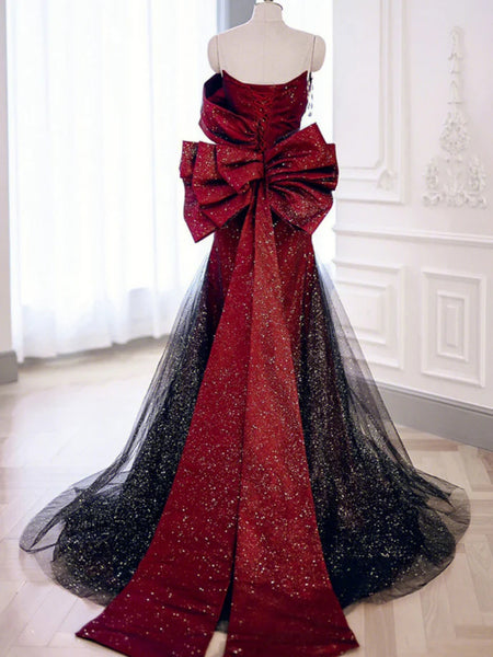 Shiny Black Red Mermaid Long Prom Dresses, Black Red Long Mermaid Formal Evening Dresses