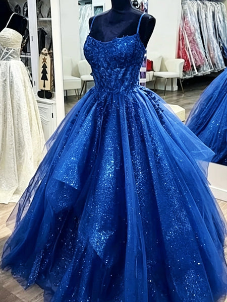 Shiny Blue Lace Long Prom Gowns, Shiny Blue Black Burgundy Lace Formal Dresses