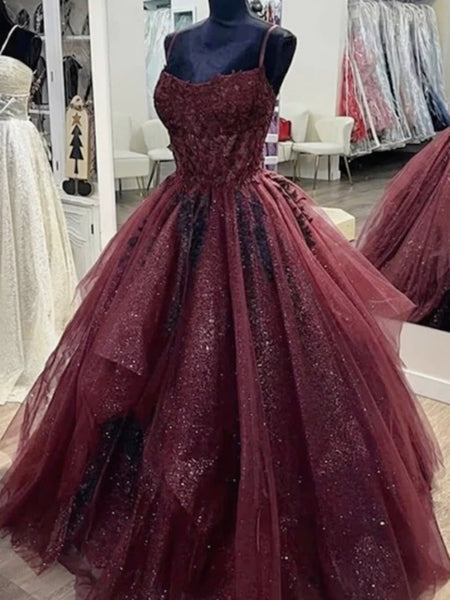 Shiny Blue Lace Long Prom Gowns, Shiny Blue Black Burgundy Lace Formal Dresses