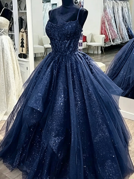Shiny Blue Lace Long Prom Gowns, Shiny Blue Black Burgundy Lace Formal Dresses