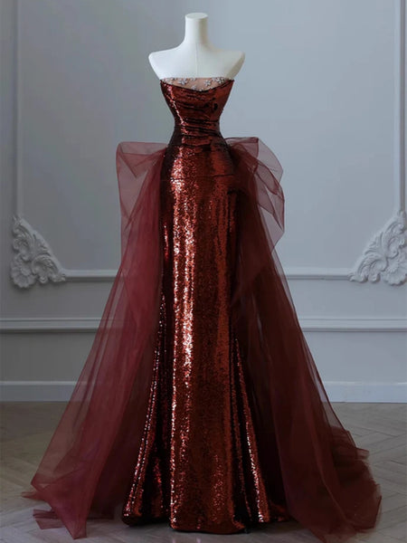 Shiny Burgundy Sequins Tulle Long Prom Dresses, Shiny Wine Red Long Formal Dresses