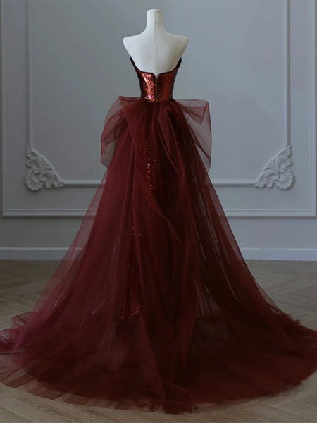 Shiny Burgundy Sequins Tulle Long Prom Dresses, Shiny Wine Red Long Formal Dresses