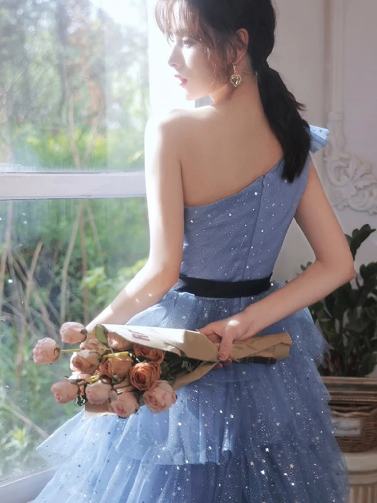 Shiny One Shoulder Layered Blue Tulle Prom Dresses, One Shoulder Blue jbydress Shiny One Shoulder Layered Blue Tulle Prom Dresses, One Shoulder Blue jbydress