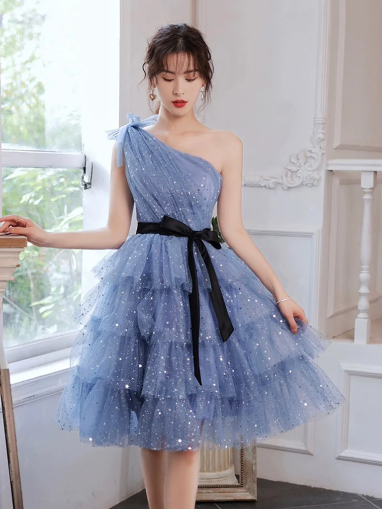 Shiny One Shoulder Layered Blue Tulle Prom Dresses, One Shoulder Blue jbydress Shiny One Shoulder Layered Blue Tulle Prom Dresses, One Shoulder Blue jbydress