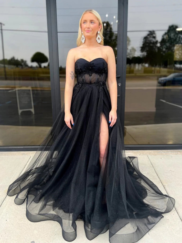 Shiny Strapless Black Tulle Long Prom Dresses with High Slit, Black Fo