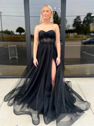 Shiny Strapless Black Tulle Long Prom Dresses with High Slit, Black Formal Graduation Evening Dresses with Lace