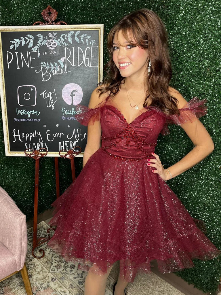 Shiny Tulle Off Shoulder Beaded Burgundy Prom Dresses, Off the Shoulde jbydress Shiny Tulle Off Shoulder Beaded Burgundy Prom Dresses, Off the Shoulde jbydress