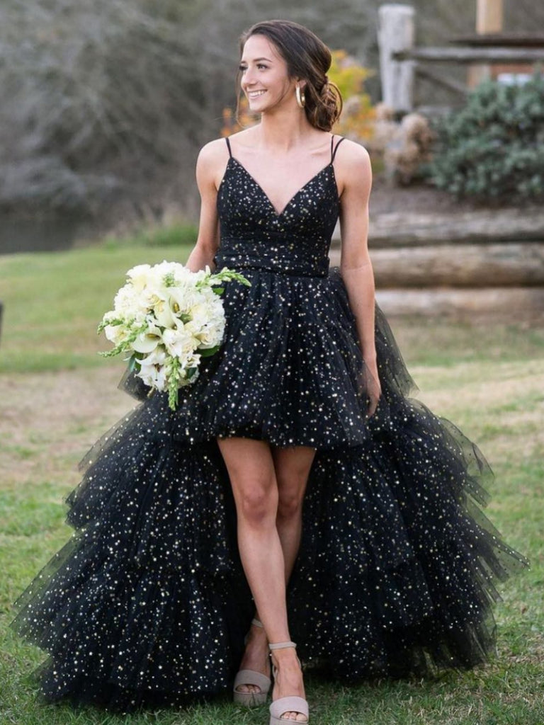 Shiny Tulle V Neck High Low Black Long Prom Dresses, High Low