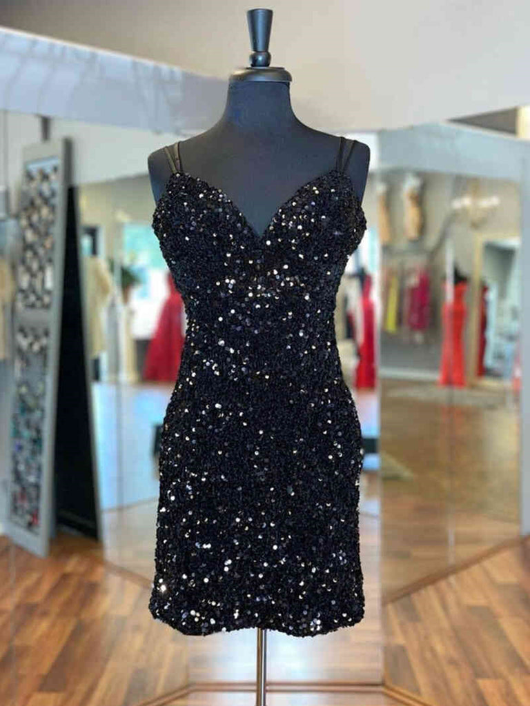 Shiny V Neck Black Purple Short Sequins Prom Dresses, Short Sequined P jbydress Shiny V Neck Black Purple Short Sequins Prom Dresses, Short Sequined P jbydress