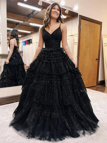 Shiny V Neck Black Ruffle Layered Tulle Long Prom Dresses, V Neck Black Formal Dresses, Black Tulle Evening Dresses