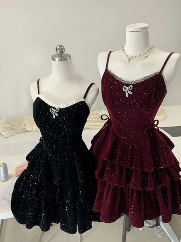 Short Black Burgundy Velvet Prom Dresses, Short Black Wine Red Formal Homecoming Dresses