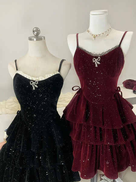 Short Black Burgundy Velvet Prom Dresses, Short Black Wine Red Formal Homecoming Dresses