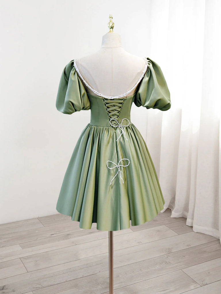 light green short prom dress A-Line V-Neck Sage Green Pleated Short Homecoming Dress Sage Green / 14