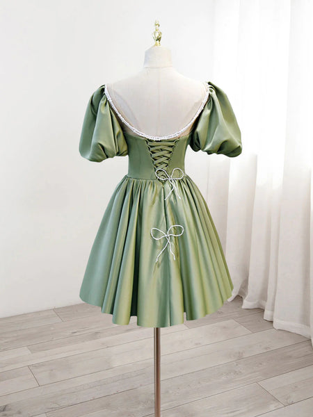 Short Green Short Sleeves Satin Prom Dresses, Short Green Formal Homecoming Dresses