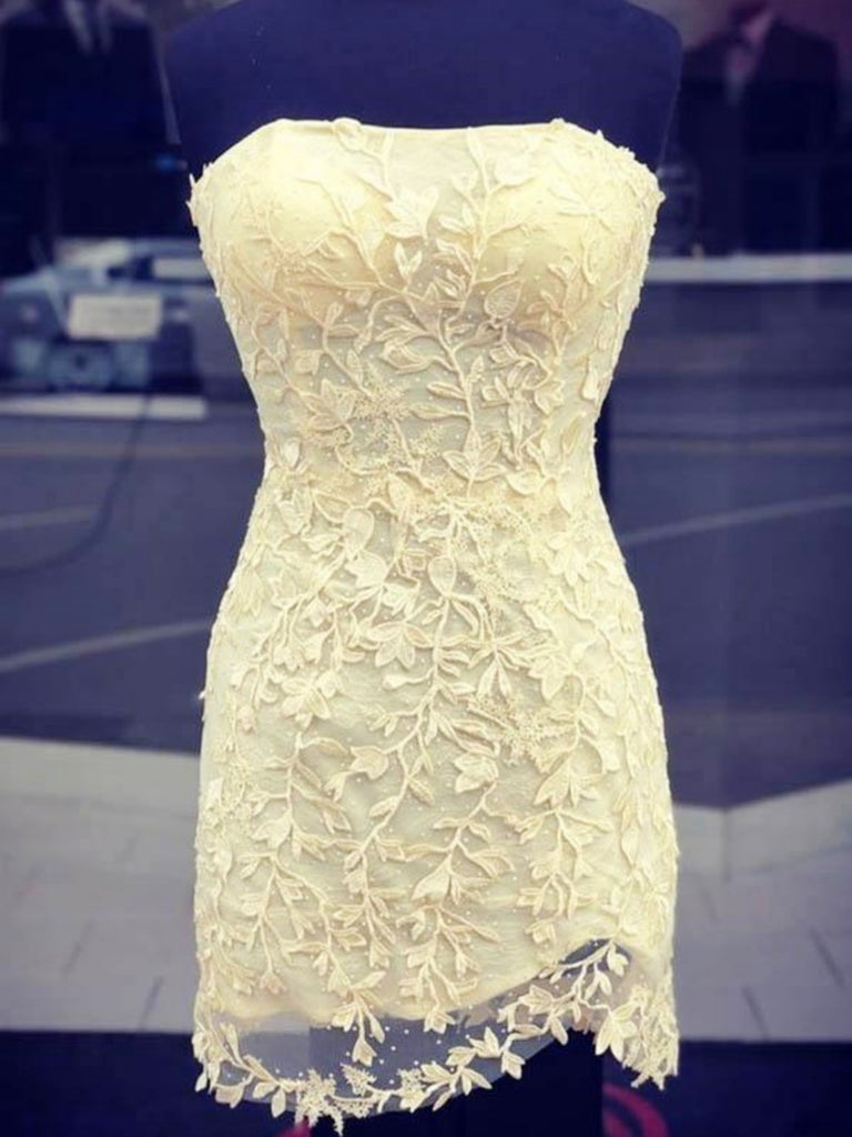 Strapless Tight Short Red/Pink/Yellow Lace Prom Dress, Short Lace Grad jbydress Strapless Tight Short Red/Pink/Yellow Lace Prom Dress, Short Lace Grad jbydress