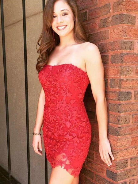 Strapless Tight Short Red/Pink/Yellow Lace Prom Dress, Short Lace Graduation Homecoming Dress