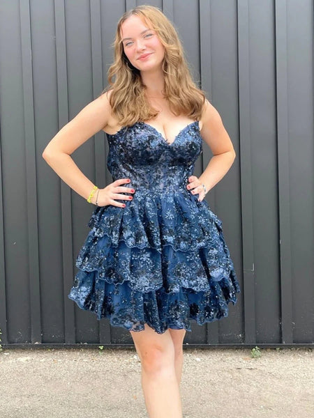 Short Layered Lace Prom Dresses, Short Layered Lace Formal Homecoming Dresses