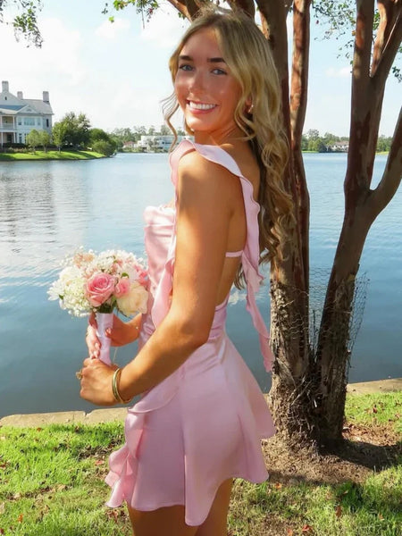 Short Pink Backless Prom Dresses, Open Back Short Pink Formal Homecoming Dresses