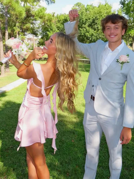 Short Pink Backless Prom Dresses, Open Back Short Pink Formal Homecoming Dresses