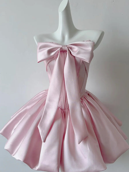 Short Pink Satin Prom Dresses, Short Pink Graduation Homecoming Dress with Bow