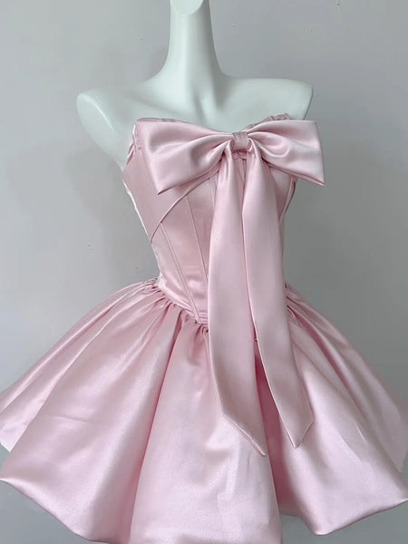 Short Pink Satin Prom Dresses, Short Pink Graduation Homecoming Dress with Bow
