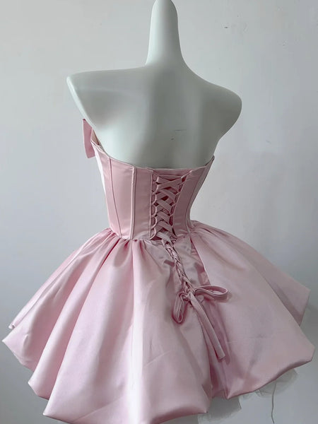 Short Pink Satin Prom Dresses, Short Pink Graduation Homecoming Dress with Bow