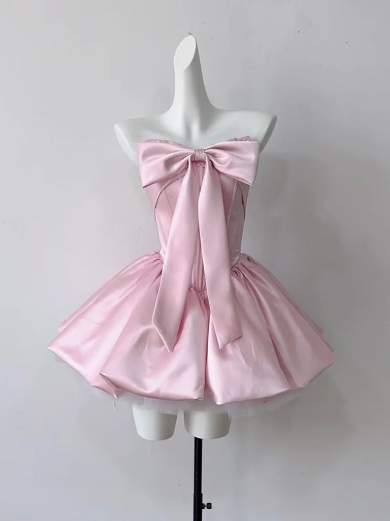 Short Pink Satin Prom Dresses, Short Pink Graduation Homecoming Dress with Bow
