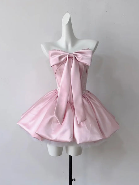 Short Pink Satin Prom Dresses, Short Pink Graduation Homecoming Dress with Bow