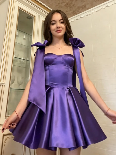 Short Purple Satin Prom Dress with Straps, Short Dark Purple Formal Homecoming Dresses