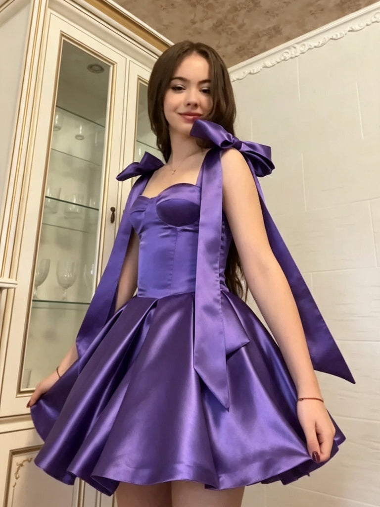 Short Purple Satin Prom Dress with Straps, Short Dark Purple Formal Homecoming Dresses
