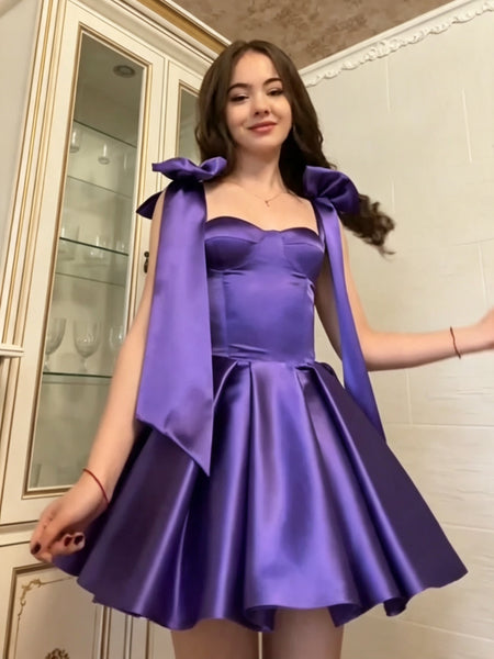 Short Purple Satin Prom Dress with Straps, Short Dark Purple Formal Homecoming Dresses